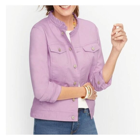Talbots Ruffle Denim‎ Jacket Womens Size P Purple Cottagecore Preppy Spring New - Picture 1 of 16